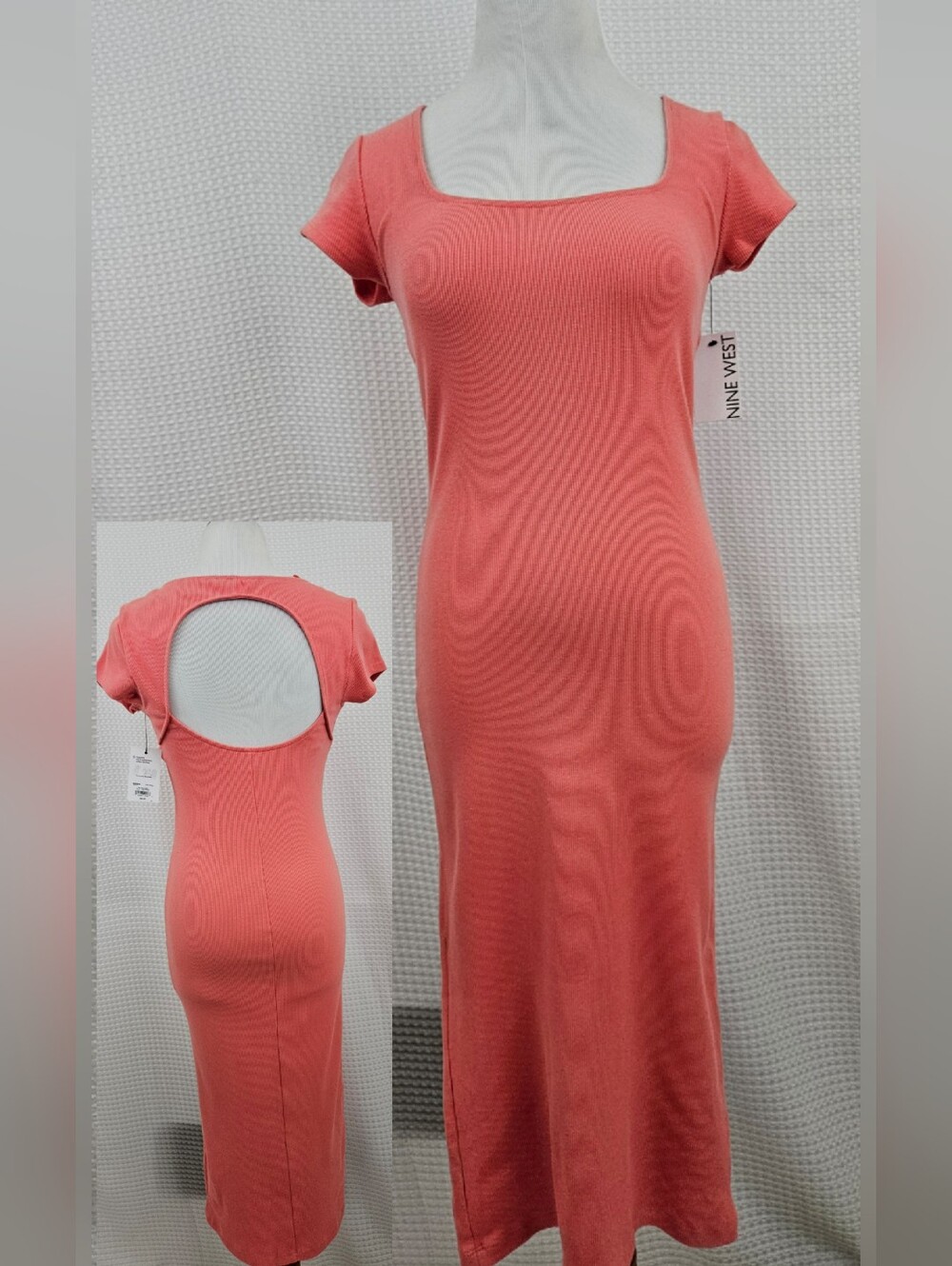Nine West Open Back Dress NWT Peach Coral Size Small Stretchy Feminine Sexy Midi